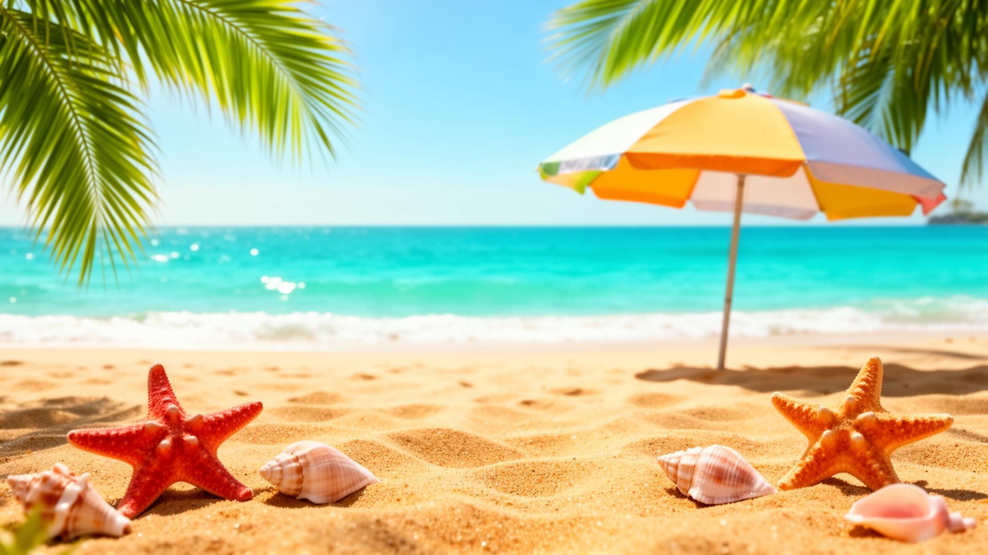 Sunny beach scene with palm leaves and turquoise water