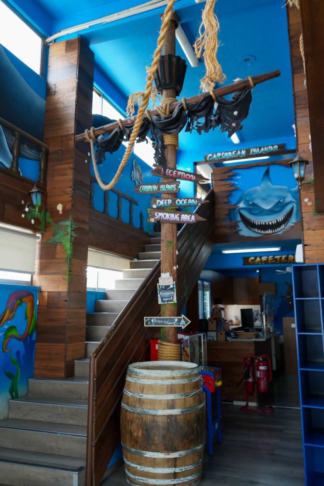 Pirate ship entrance with Caribbean Islands and Deep Ocean signs at Kids World